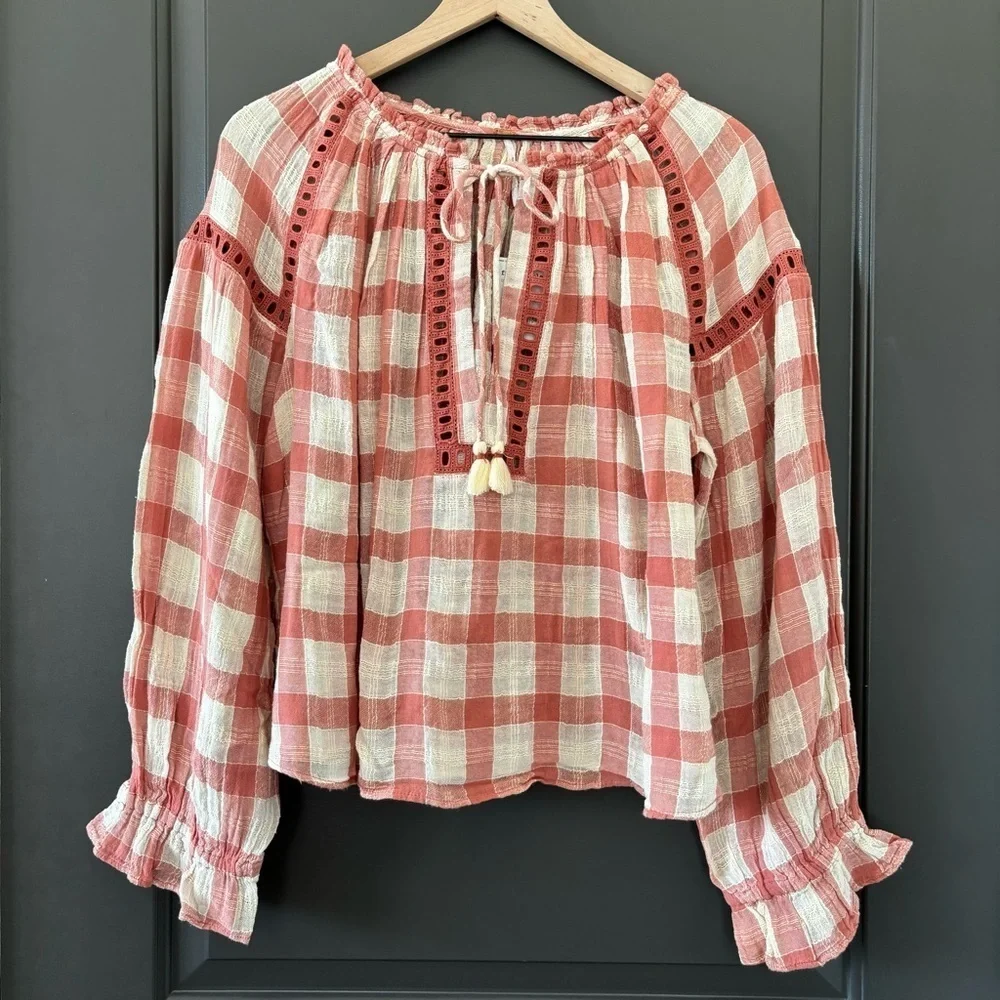 NWT Free People Honey Grove Knit Pink Plaid Long Sleeved Blouse Size M